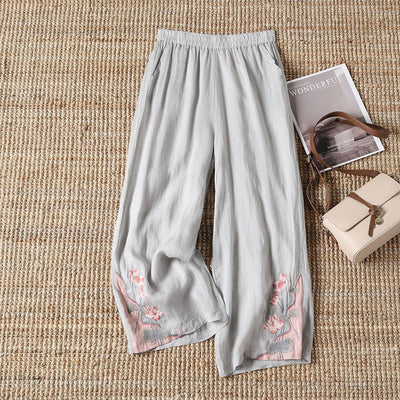 【100% Coton】Pantalon Décontracté À Fleurs Brodées