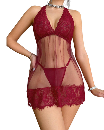 Amy™ | Robe Babydoll à Bretelles en Dentelle avec String