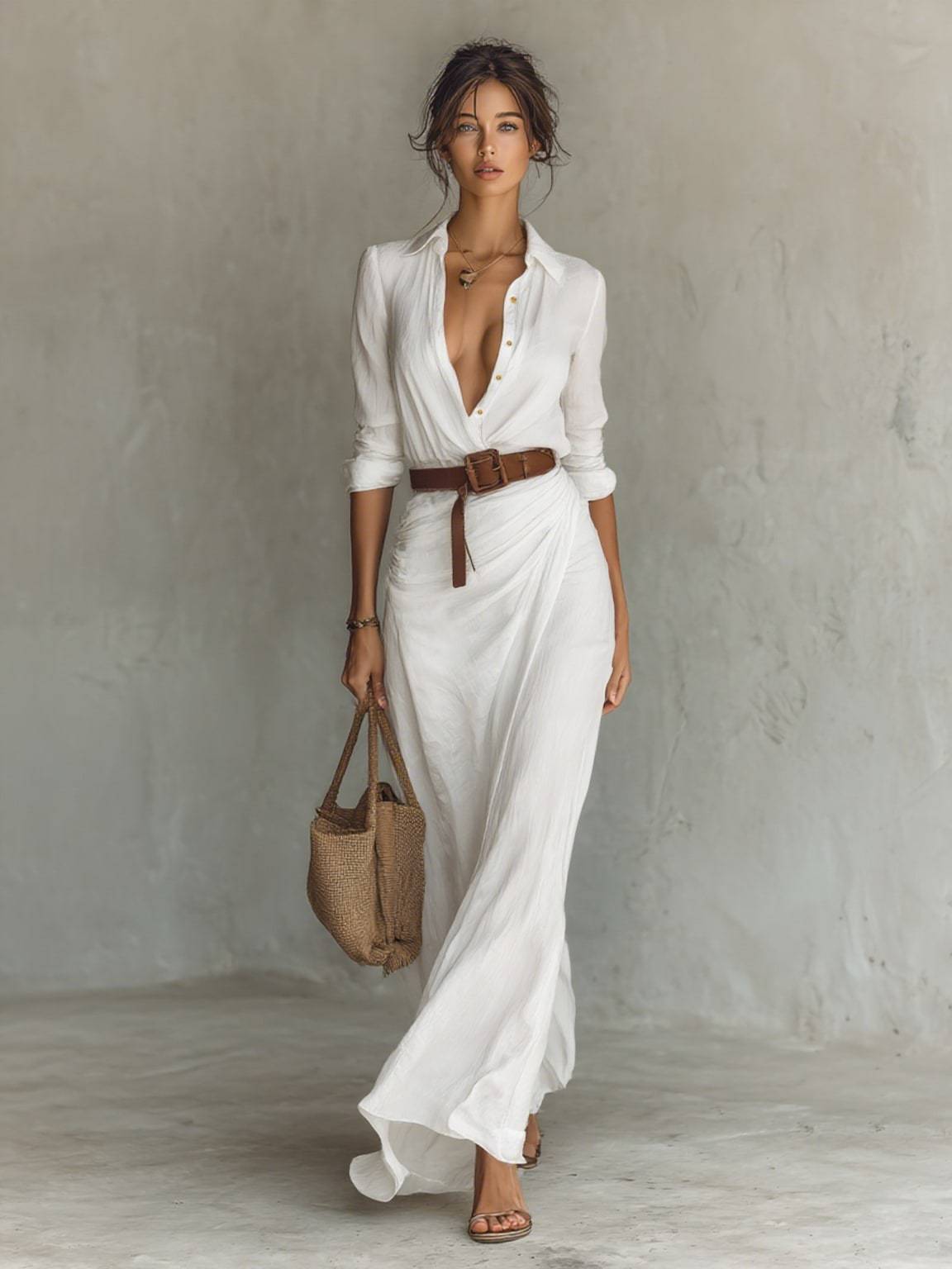 MAXI | Robe Longue avec Col Revers et Ceinture Incluse