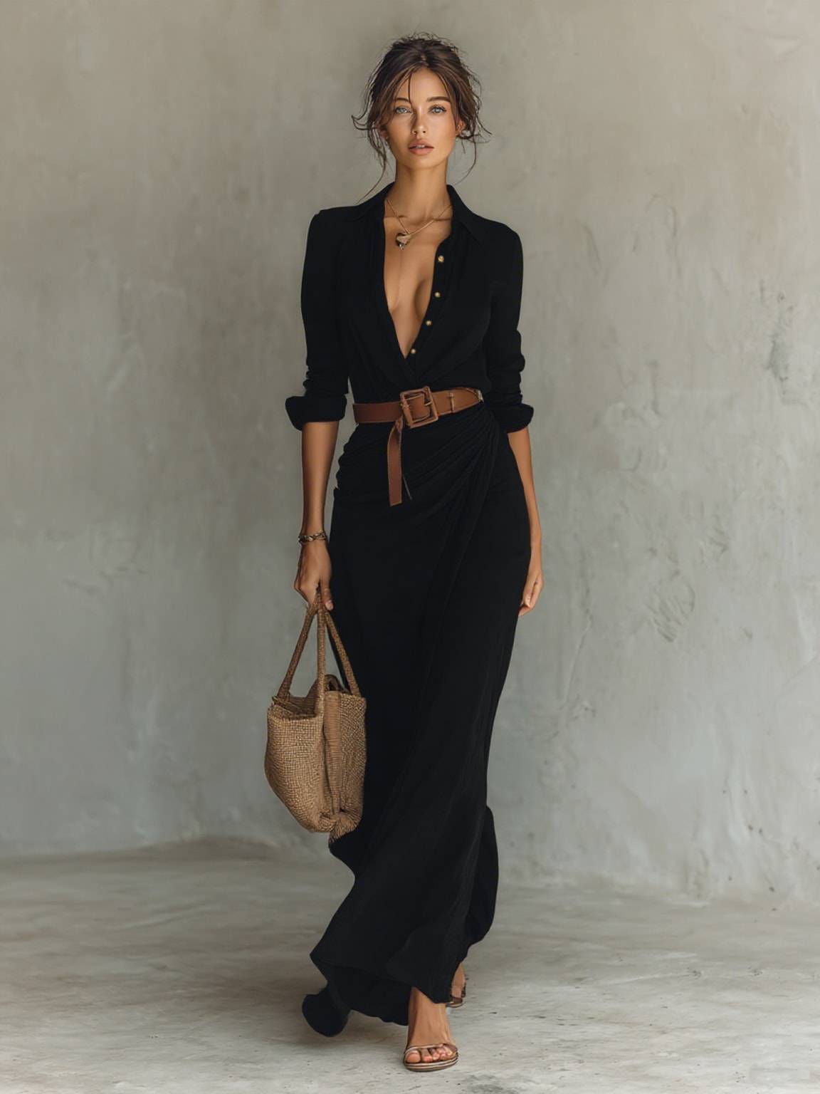 MAXI | Robe Longue avec Col Revers et Ceinture Incluse