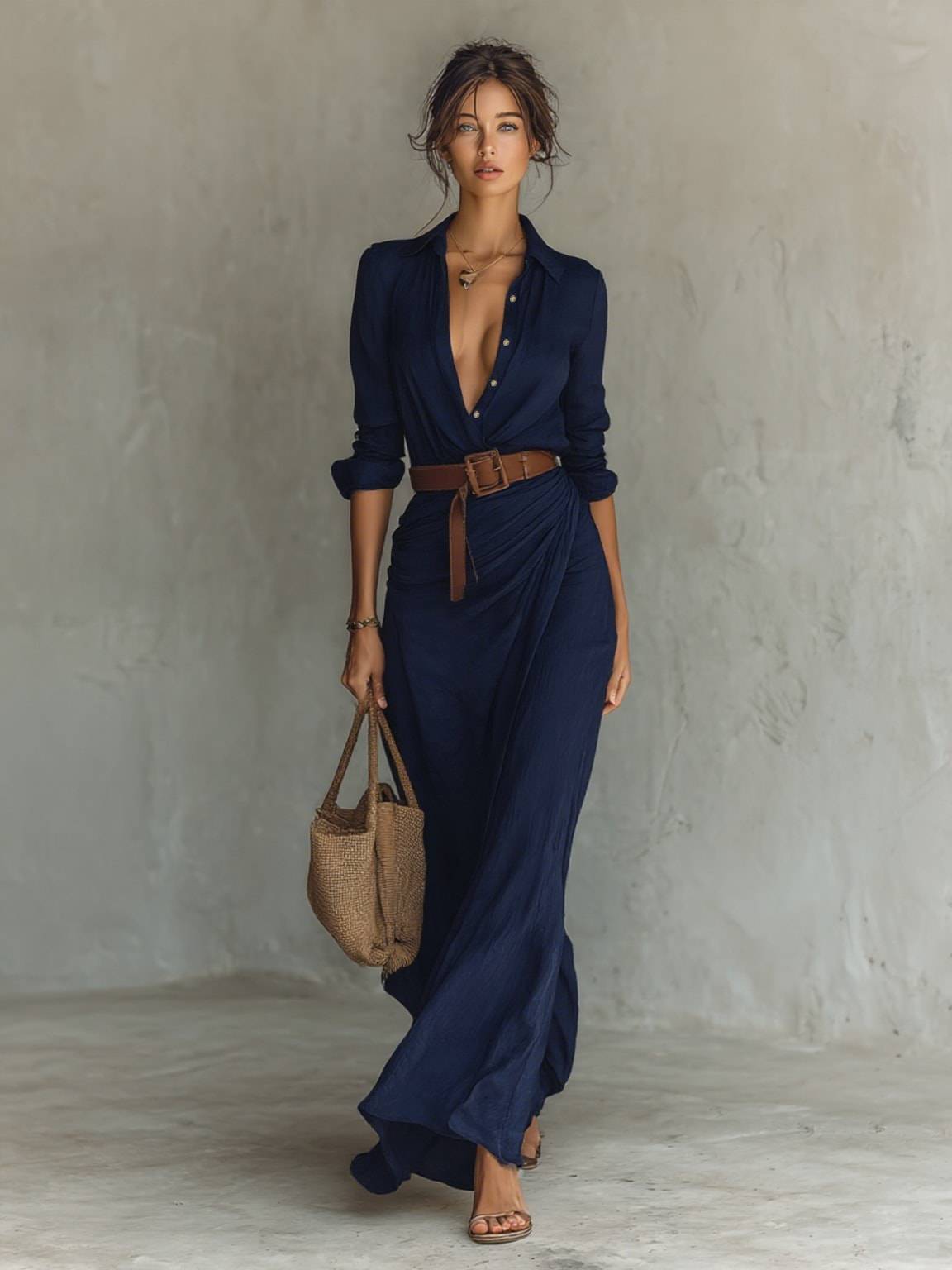 MAXI | Robe Longue avec Col Revers et Ceinture Incluse