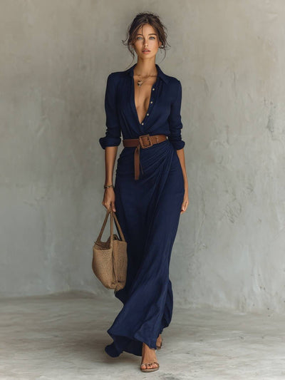 MAXI | Robe Longue avec Col Revers et Ceinture Incluse