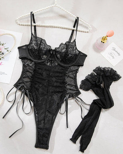 Christina™ | Body transparent à dentelle avec motif floral et nœud sur le côté