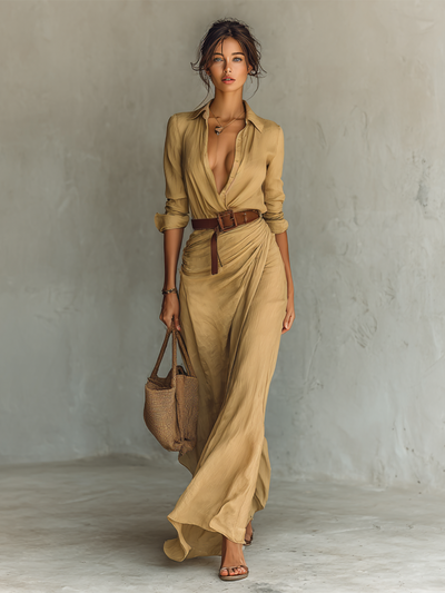 MAXI | Robe Longue avec Col Revers et Ceinture Incluse