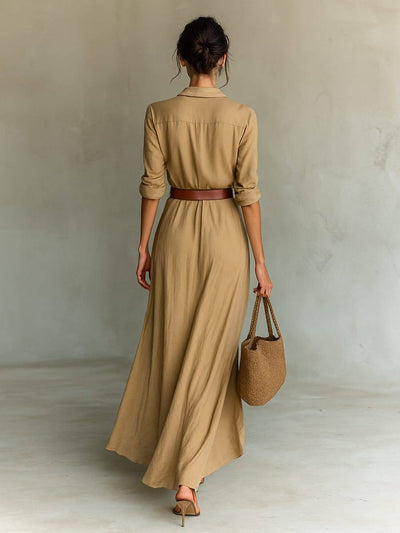 MAXI | Robe Longue avec Col Revers et Ceinture Incluse